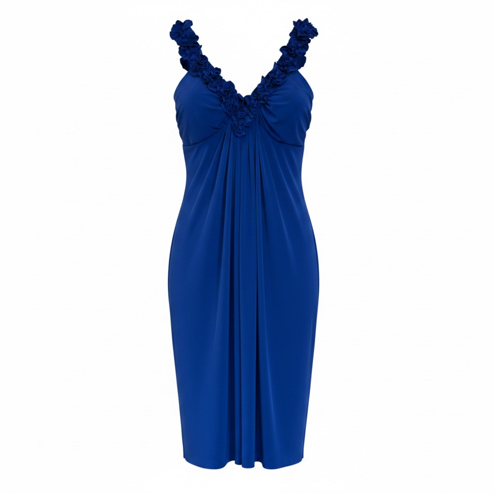 Valerie Bertinelli royal blue ruffle strap sleeveless empire waist maxi dress